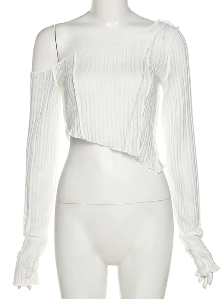 Joskaa Solid Oblique Shoulder Long Sleeve Irregular T-Shirt Women Hipster Sexy Crop Tops 2024 Spring Fashion Slim Tees Clubwear