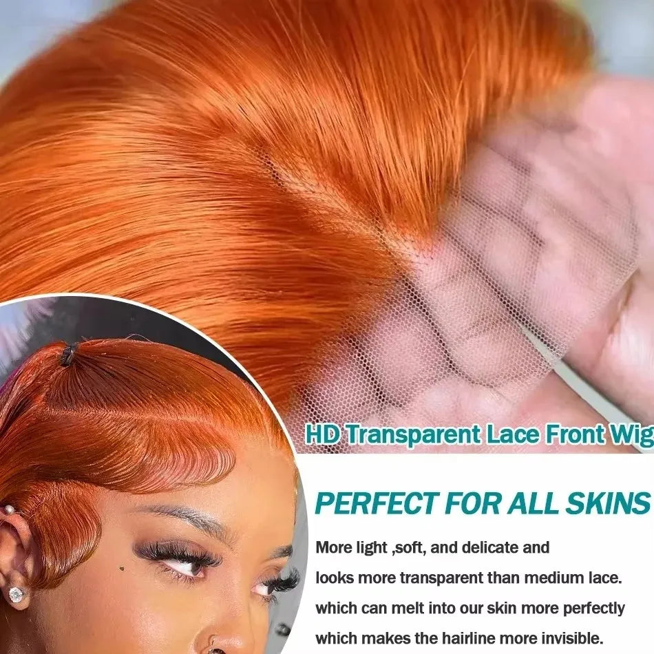 250 Density Orange Ginger 13x6 HD Lace Frontal Wig Human Hair Ginger Bone Straight 13x4 Transparent Lace Frontal Colored Wigs
