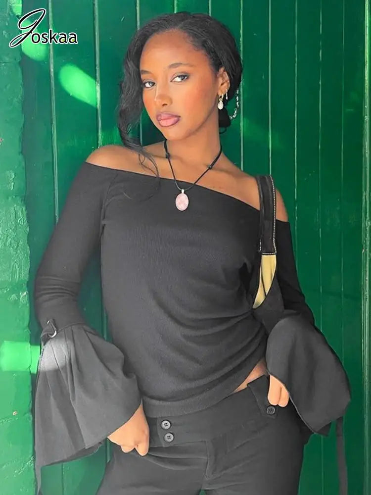 Joskaa Sexy Slash Neck Black T-Shirts Women Hipster Off Shoulder Flare Long Sleeve Tops 2025 Spring Sweet Girl Tees Streetwear