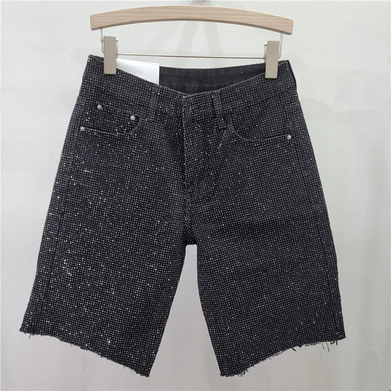 2025 New Fashion Summer Women's Denim Shorts Full Diamonds Burrs Edge High Waist Straight Knee Length Trousers