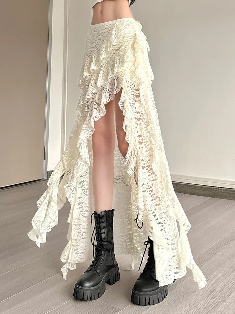 Summer Women Skirts Irregular Hem Multi-Layered Ruffles Lace Patchwork Sweet Trend Long Skirt Daily Skinny Versatile Bottoms New