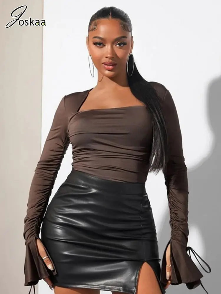Joskaa Women 2 Piece Sets Sexy Pleated Long Sleeve Tops and Leather Mini Skirt Matching Autumn Party Club Outfits Y2K Streetwear