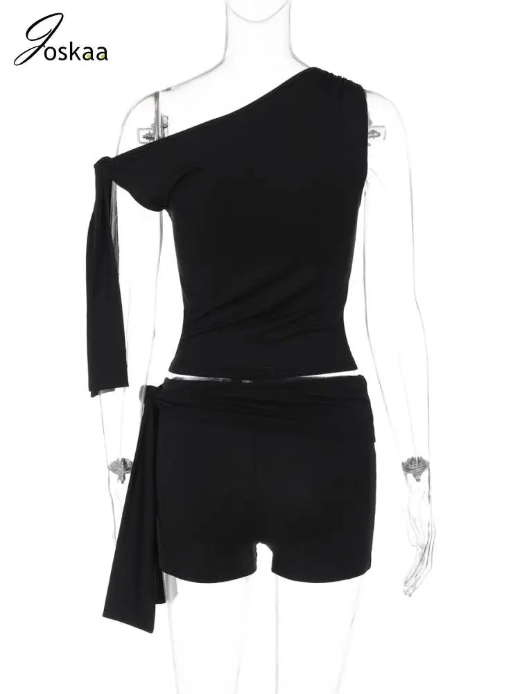 Joskaa Women's 2025 Summer Solid Two Piece Set Sexy Asymmetric Sleeveless Top and Bandage Shorts Matching Tracksuits Streetwear