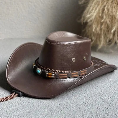 Faux Leather Western Cowboy Hats for Women Men Vintage Gentleman Dress Hats Panama Cowgirl Jazz Cap Sombrero Hombre
