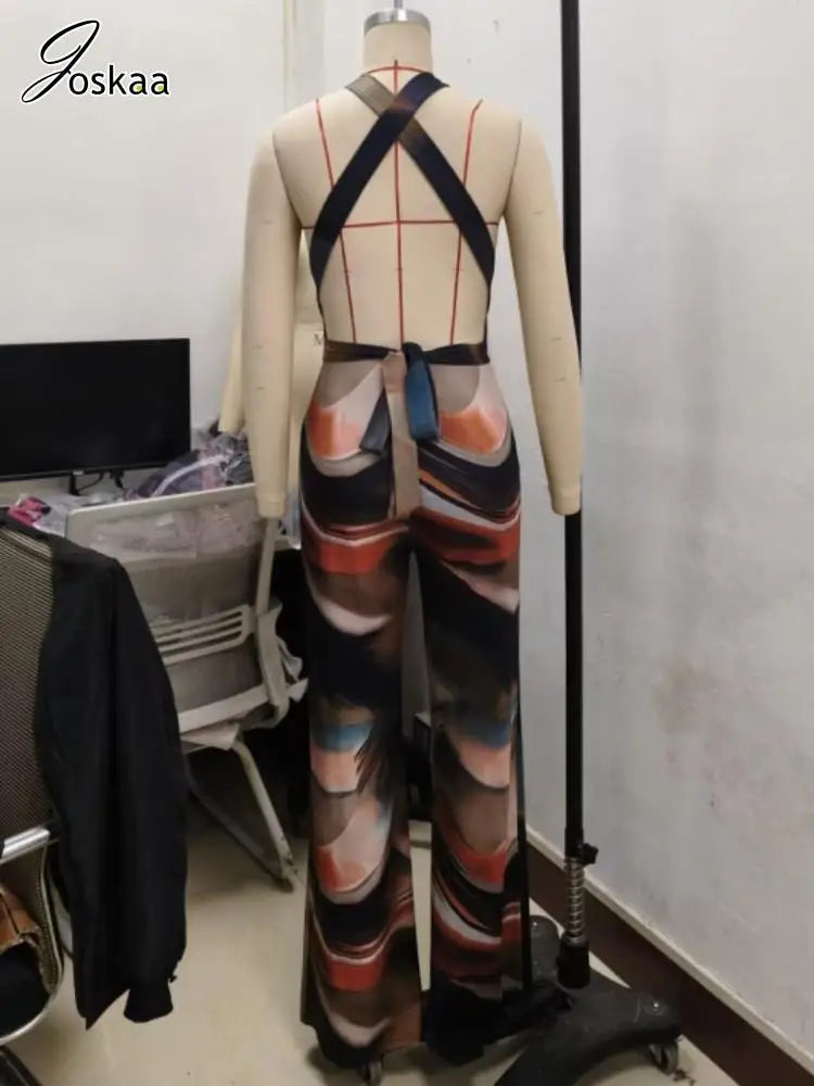 Joskaa Oil Painting Print Jumpsuit Women Sexy Deep V-Neck Backless Skinny Rompers 2025 Summer Fashion Overalls Vacation Clubwear