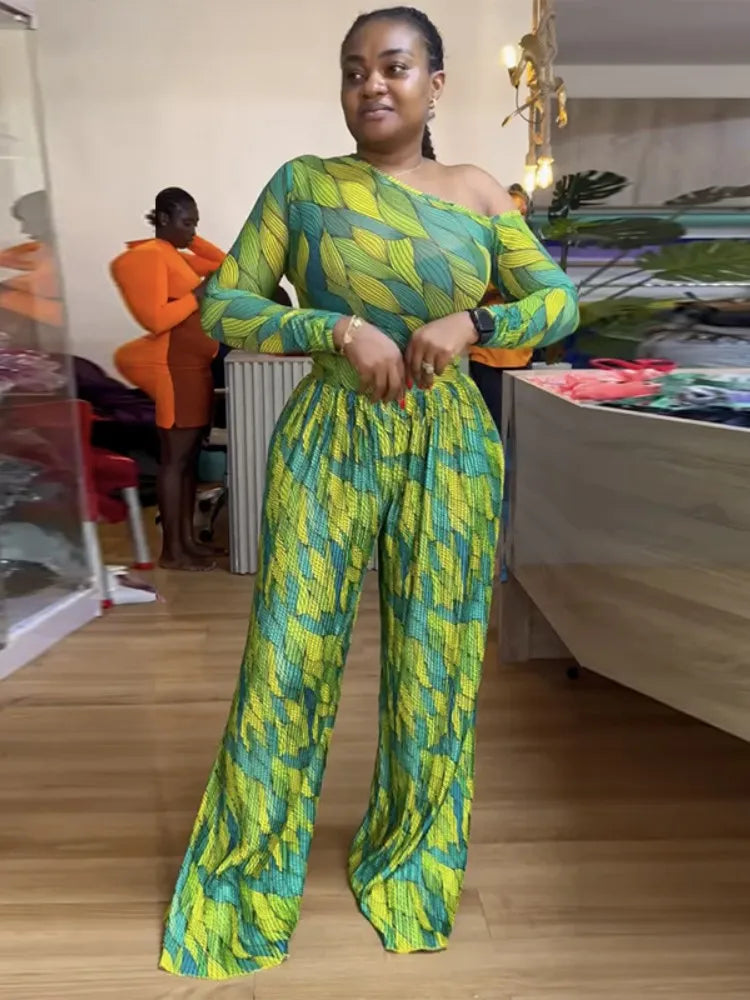 Joskaa 2025 Women's Print 2 Piece Set Sexy Skew Collar Long Sleeve Tops and Pleated Wide Leg Pants Matching Vacation Outfits
