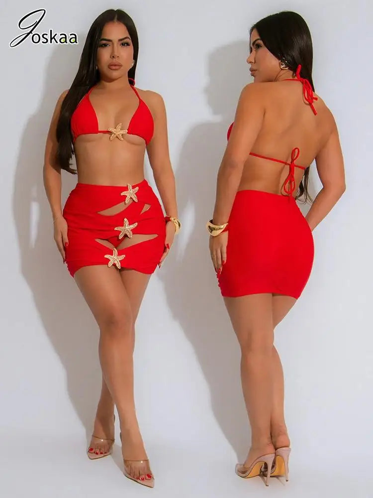 Joskaa Sexy Bikini 3 Piece Sets Women Bra+Briefs+Hollow Mini Skirt Matching Swimsuit 2025 Summer Bathing Suit Holiday Beachwear