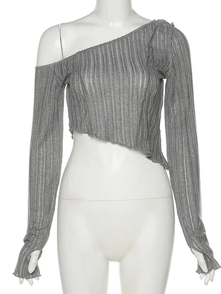 Joskaa Solid Oblique Shoulder Long Sleeve Irregular T-Shirt Women Hipster Sexy Crop Tops 2024 Spring Fashion Slim Tees Clubwear