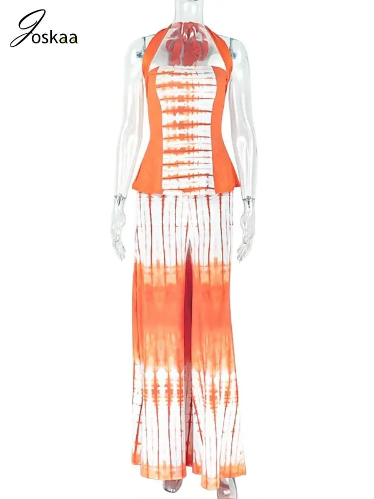 Joskaa Aesthetic Print 2 Piece Sets Women Hipster Halter Tank Tops and Wide Leg Pants Matching 2025 Summer Holiday Beachwear