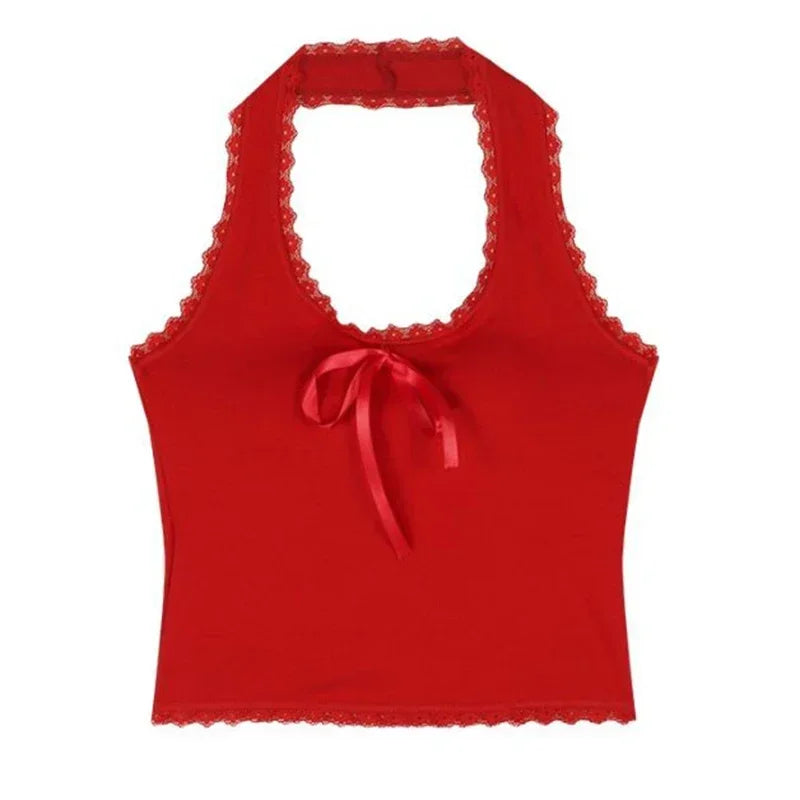 2025 Summer Women T-Shirts Sexy U-neck Halter T-Shirts Female Solid Lace Underwear Tops Girls Fashion Bowknots Slip Vest Clothes