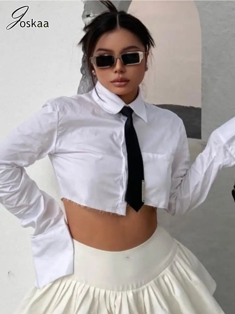 Joskaa Unique Irregular Shirts Women Hipster Sexy Lapel Long Sleeve Single Breasted Crop Tops Female Blouses Harajuku Sreetwear