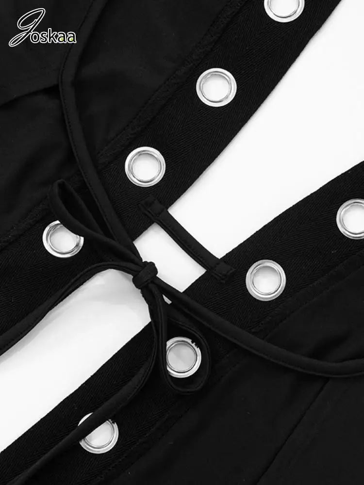 Joskaa 2025 Summer Women's Irregular Halter Black T-Shirts Sexy V-Neck Backless Sleeveless Tops Midnight Club Y2K Streetwear