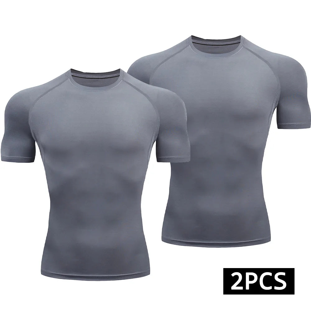 2-Piece Compression T Shirt Men Summer Sportswear Running T-shirt Elastic Quick Dry Sport Tops Athletic Gym Workout Shirts Men