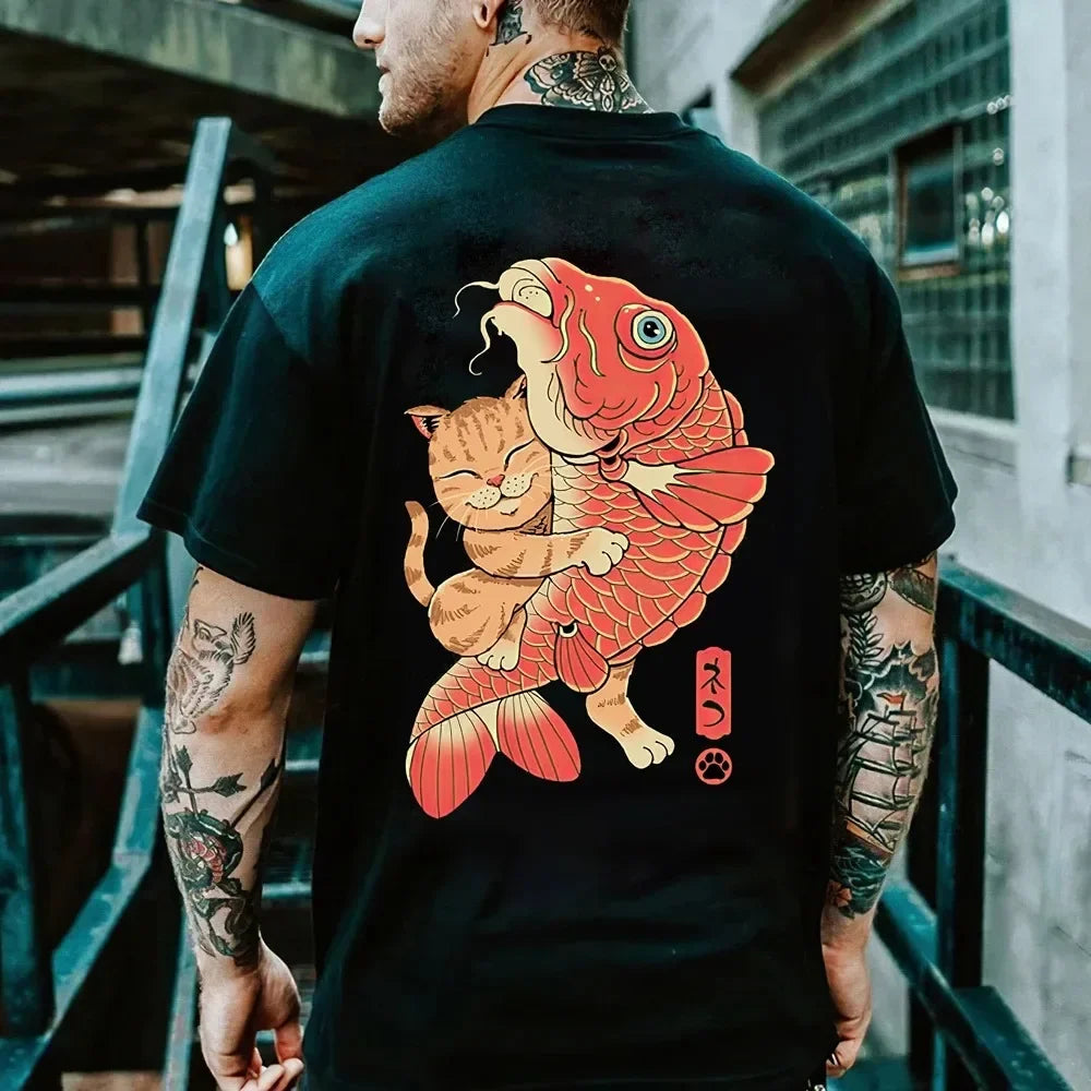 Summer Cotton Cartoon Anime Day Clothing Samurai Cat Print T-shirt Men's Hip Hop Retro Casual O Collar Loose T-shirt Men Tee Top