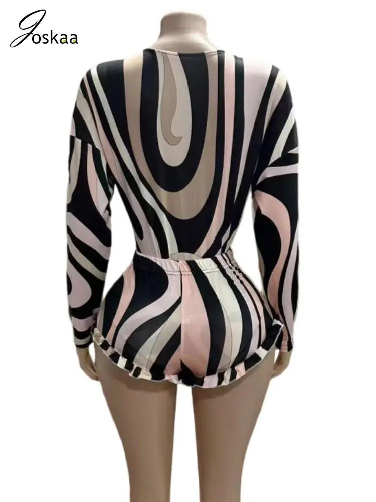 Joskaa 2025 Summer Striped Print 2 Piece Set Women Sexy Deep V-Neck Full Sleeve Bodysuit+Mesh Shorts Matching Holiday Streetwear