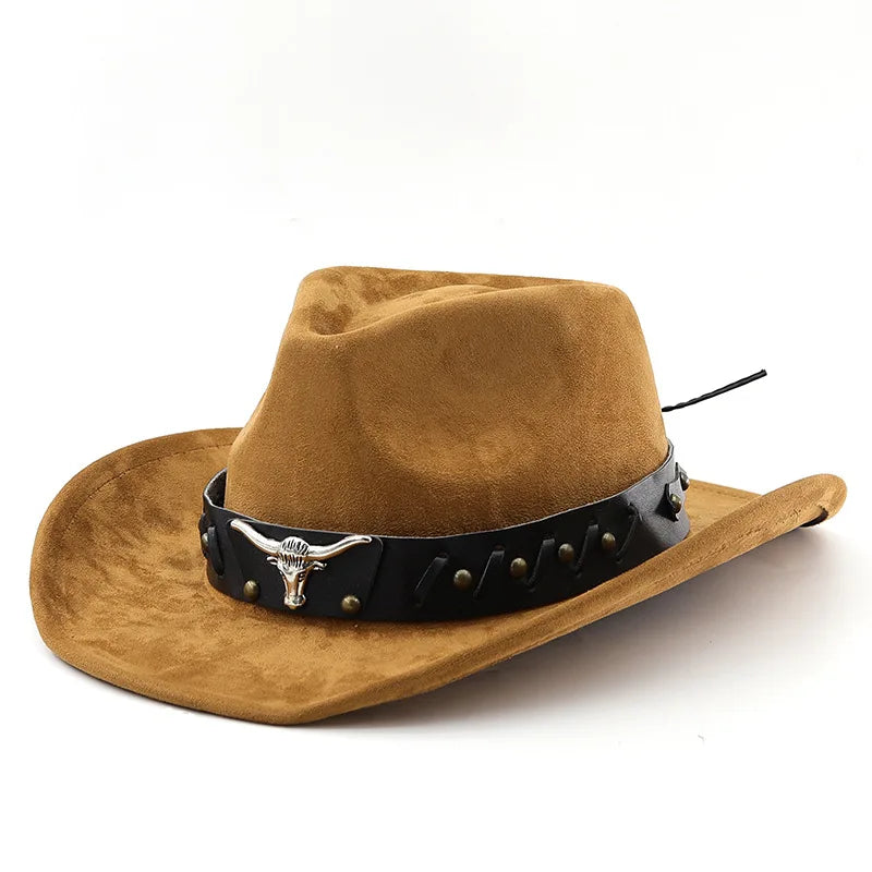 Western Cowboy Roll up Edge Large Edge Cowboy Hat Bull Head Accessories Imitation Leather Velvet Jazz Hat Riding Felt Hat