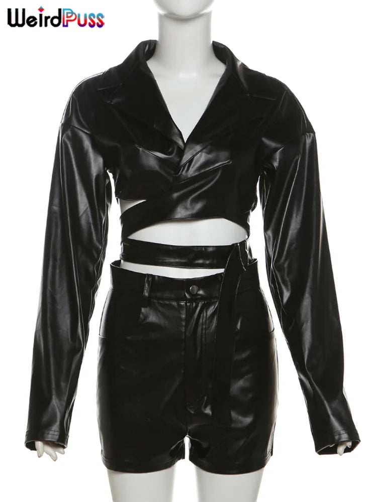 Weird Puss PU Hipster Leather 2 Piece Set Women Fall Trend v-Neck Cross Sash Sexy Crop Tops+Shorts Matching Streetwear Outfits