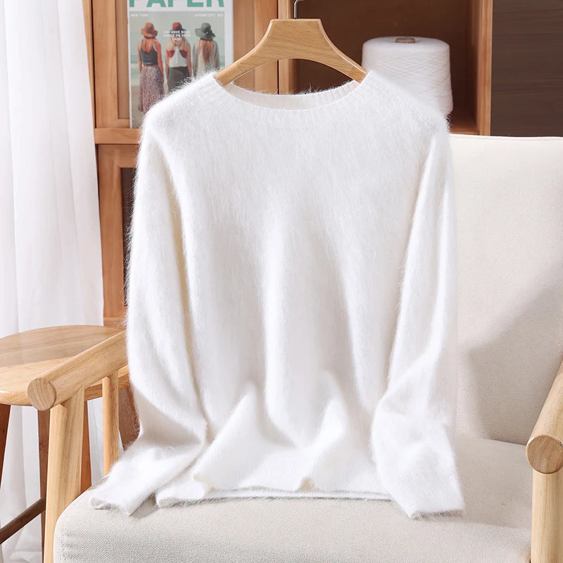 Autumn Winter Women's Solid Color 100% Mink Cashmere Sweater Basics Pullover Skin Friendly Knitwear Soft Warm Female Clothes Top