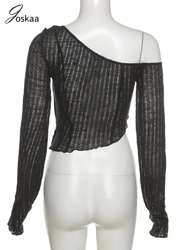 Joskaa Solid Oblique Shoulder Long Sleeve Irregular T-Shirt Women Hipster Sexy Crop Tops 2024 Spring Fashion Slim Tees Clubwear