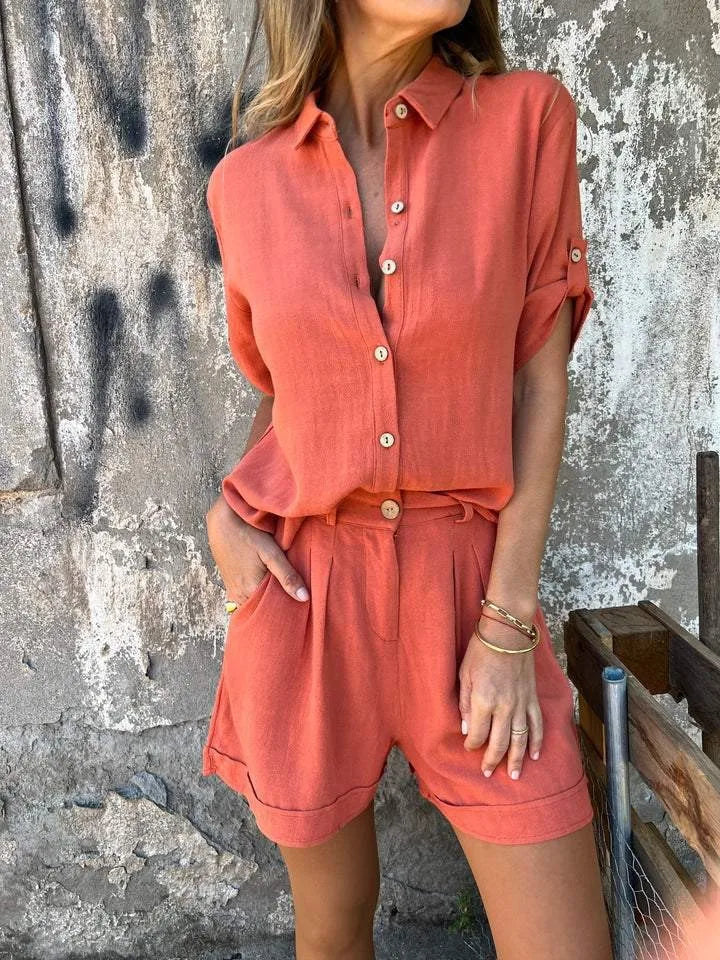 2025 Summer Women's Fashion Elegant Shorts Short Sleeve Two-Piece Set Casual Commuter Loose Button Shirt Tops And Shorts Set
