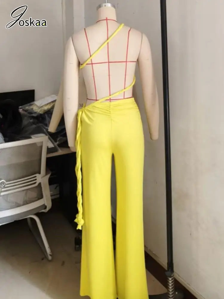 Joskaa 2025 Summer Women Sexy Cutout Halter Neck Backless Drawstrings Wide Leg Jumpsuit Beach Holiday Party Club Rompers S-XXL