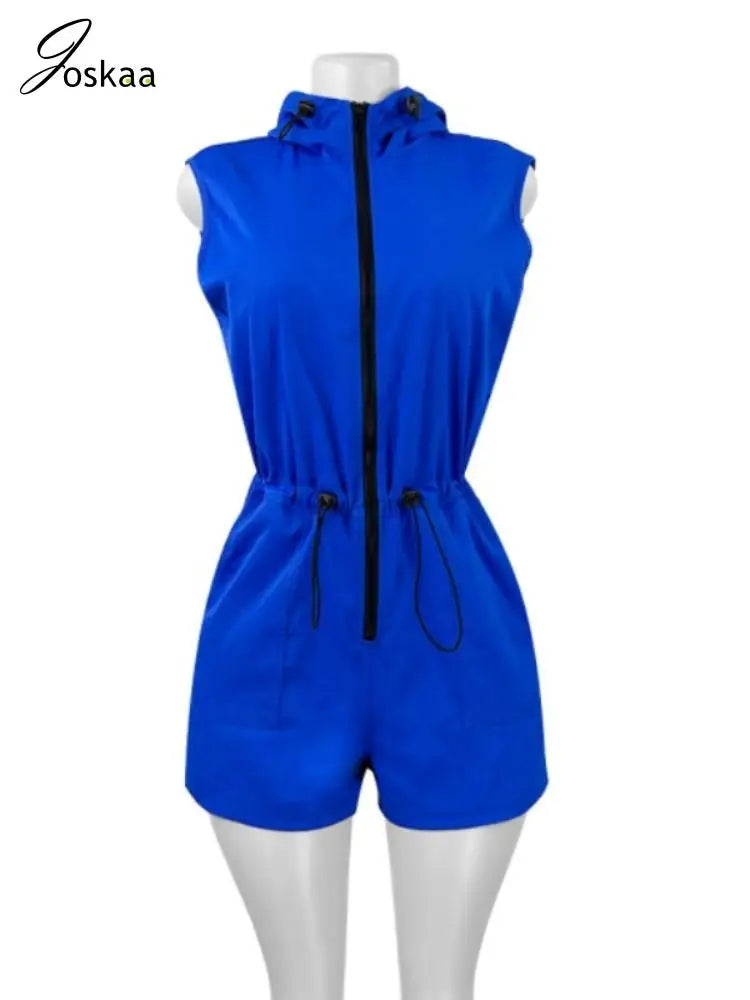 Joskaa 2025 Summer Women's Zip Hooded Sleeveless Rompers Casual Drawstring Waist Pocket Playsuits Holiday Streetwear S-XXL