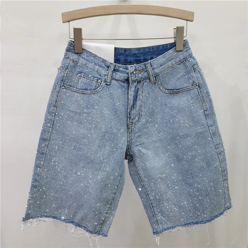 2025 New Fashion Summer Women's Denim Shorts Full Diamonds Burrs Edge High Waist Straight Knee Length Trousers