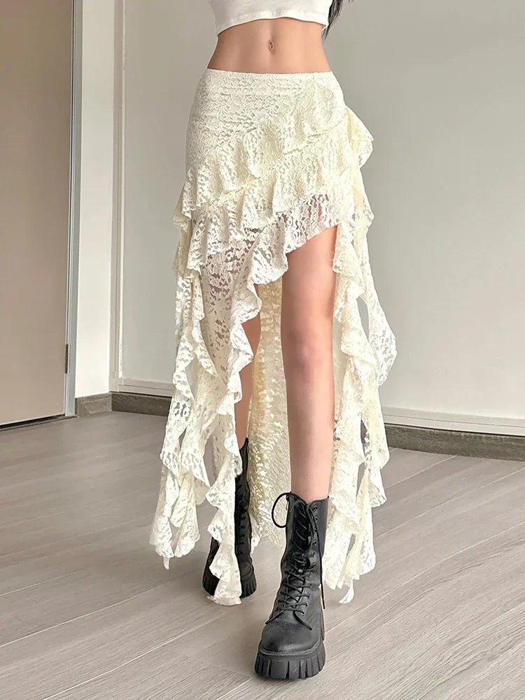 Summer Women Skirts Irregular Hem Multi-Layered Ruffles Lace Patchwork Sweet Trend Long Skirt Daily Skinny Versatile Bottoms New