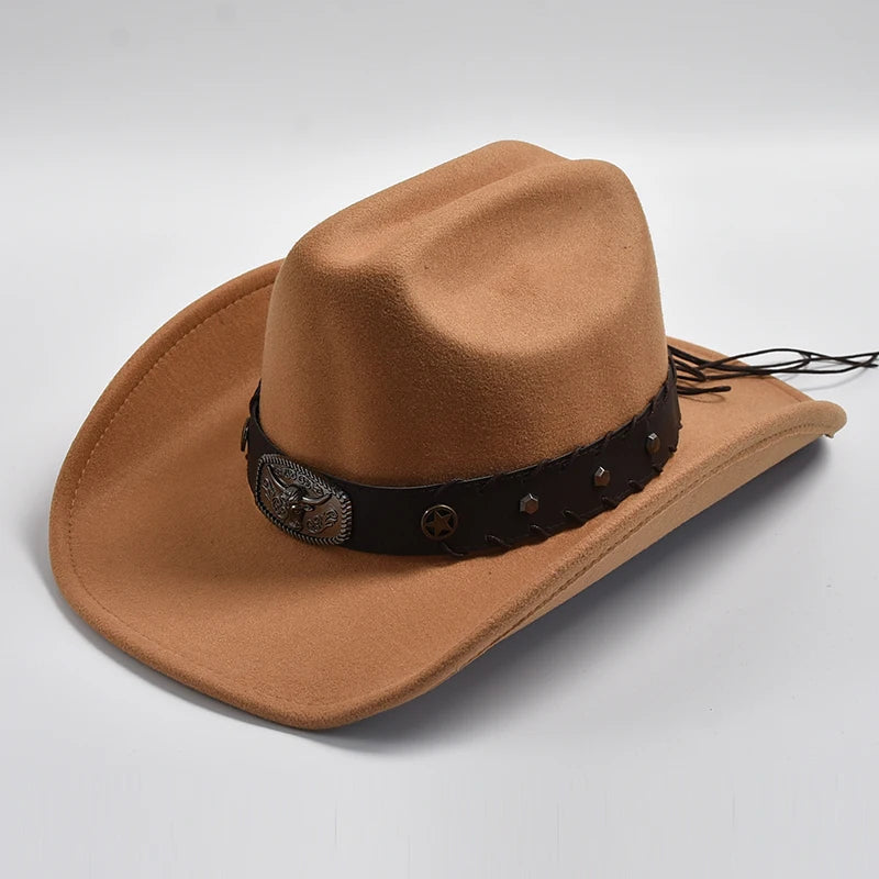 New Artificial Wool Western Cowboy Hats for Men Women Vintage Wide Brim Fedoras Hats Gentleman Lady Cowgirl Jazz Hats