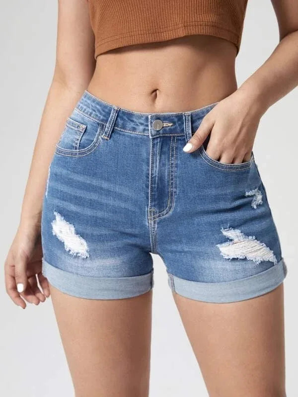 2025 Fashionable Ripped Rolled High Stretch Denim Shorts High Waist Black Tight Casual Hot Pants Women's Three-point Pants