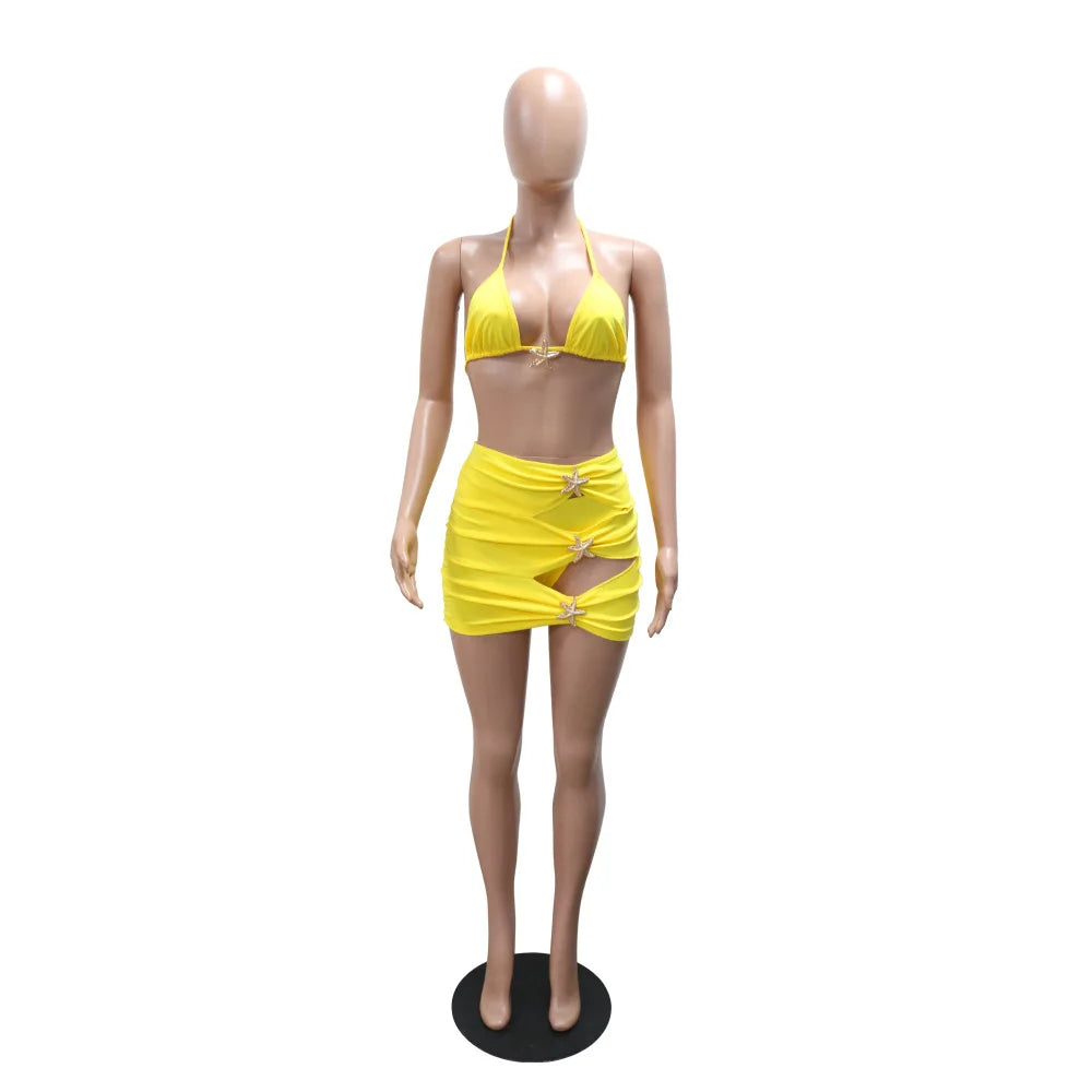 Joskaa Sexy Bikini 3 Piece Sets Women Bra+Briefs+Hollow Mini Skirt Matching Swimsuit 2025 Summer Bathing Suit Holiday Beachwear