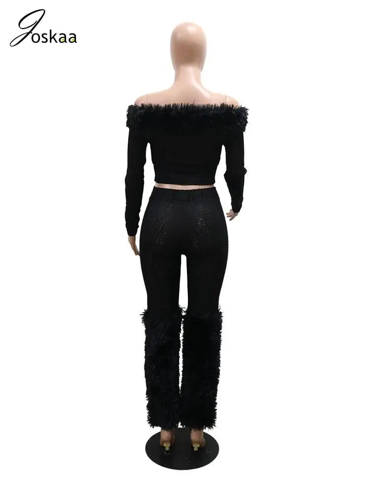 Joskaa Faux Fur Black 2Piece Sets Womens Outfits Sexy Off Shoulder Full Sleeve Crop Tops and Pants Matching 2025 Party Clubwear