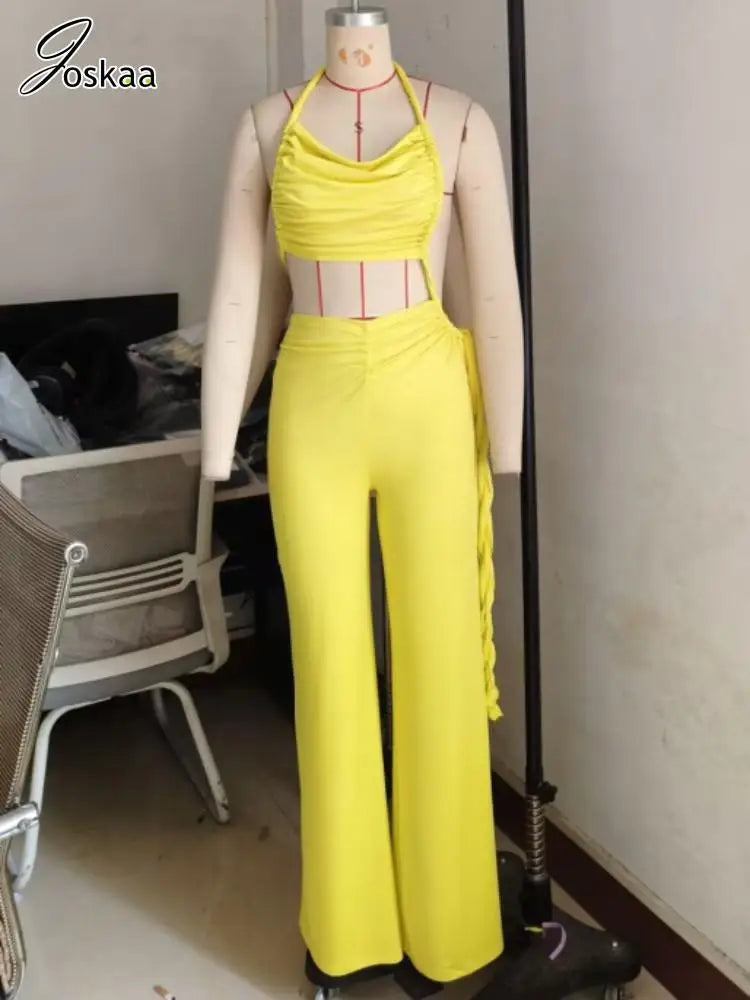 Joskaa 2025 Summer Women Sexy Cutout Halter Neck Backless Drawstrings Wide Leg Jumpsuit Beach Holiday Party Club Rompers S-XXL