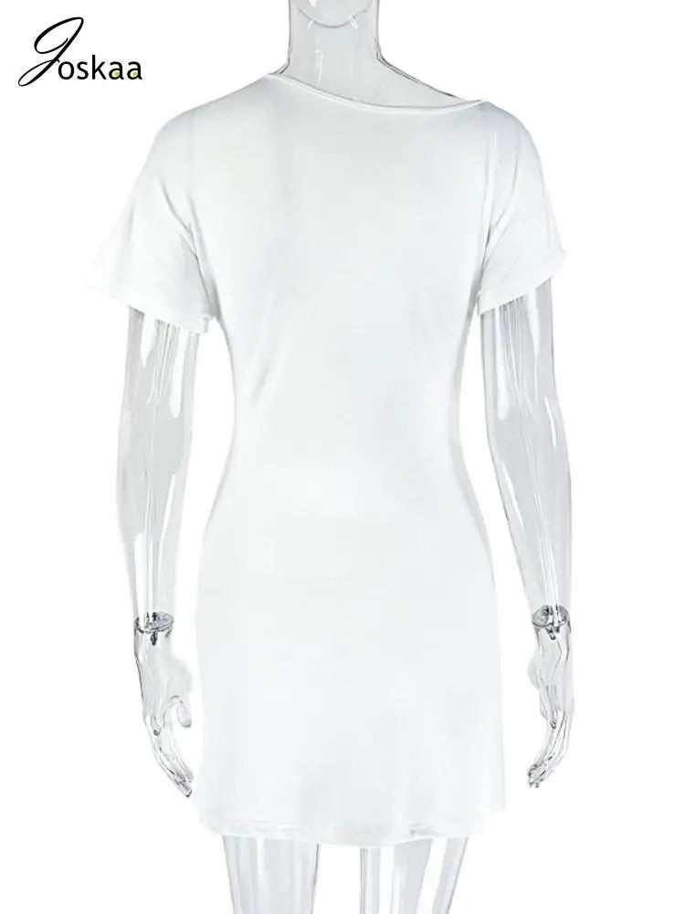 Joskaa 2025 Summer Women's Skew Collar Short Sleeve Ruched Bodycon Mini White Dress Holiday Beach Streetwear Party Clubwear