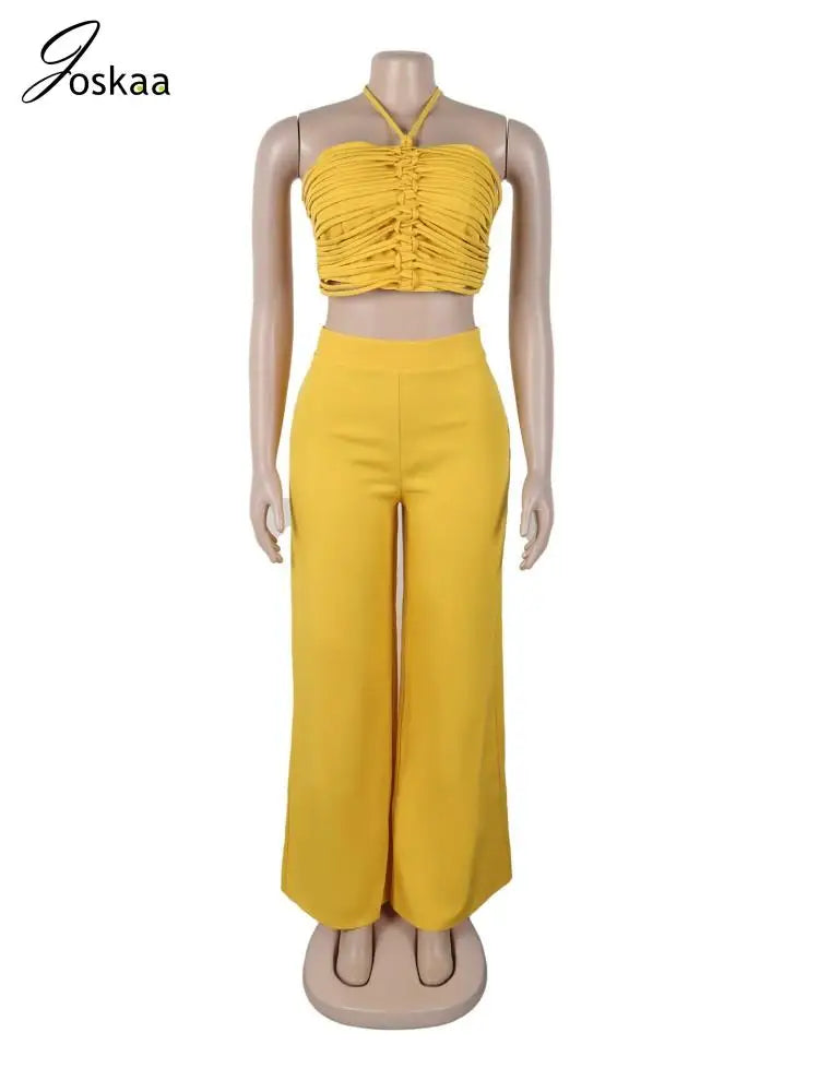 Joskaa 2025 Women 2 Piece Sets Sexy Strapless Ruched Halter Tops+High Waist Side Zip Wide Leg Pants Suits Tracksuits Streetwear