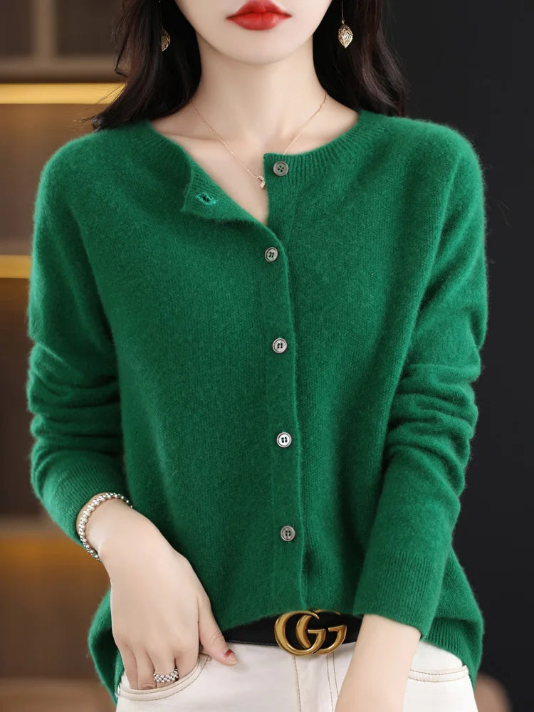 New Fashion Spring 100% Merino Wool Womens O-neck Cardigan Cashmere Sweater 2024 Female Clothing Grace Knitwear Korean Tops