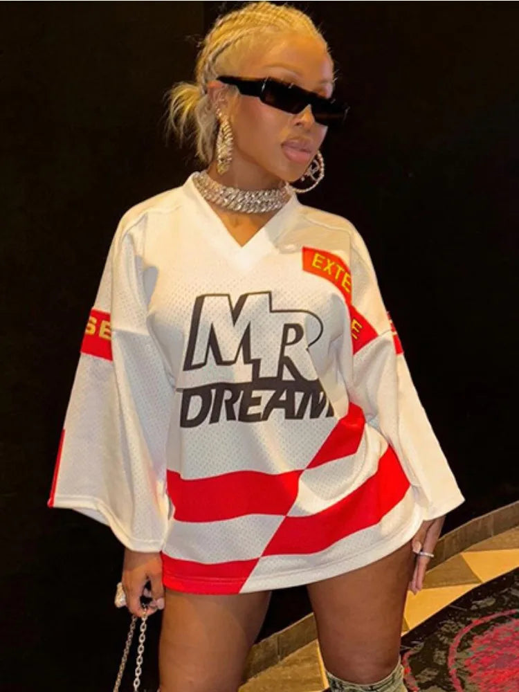Joskaa Contrast Letter Print Oversized White T-Shirt Women Hipster V-Neck Long Sleeve Loose Top 2024 Comfortable Tees Streetwear