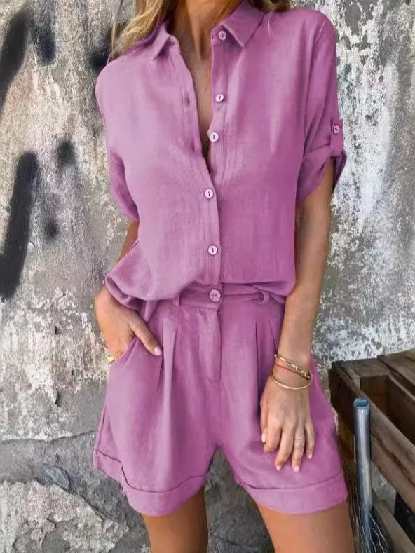 2025 Summer Women's Fashion Elegant Shorts Short Sleeve Two-Piece Set Casual Commuter Loose Button Shirt Tops And Shorts Set