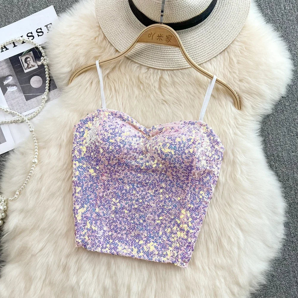 Summer Women Design Off Shoulder Tank Tops With Bra Pad Sequin Elastic Pleated Patchwork Crop Tops Backless New All-match Camis
