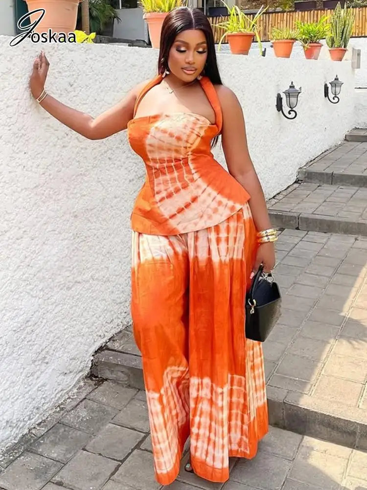 Joskaa Aesthetic Print 2 Piece Sets Women Hipster Halter Tank Tops and Wide Leg Pants Matching 2025 Summer Holiday Beachwear