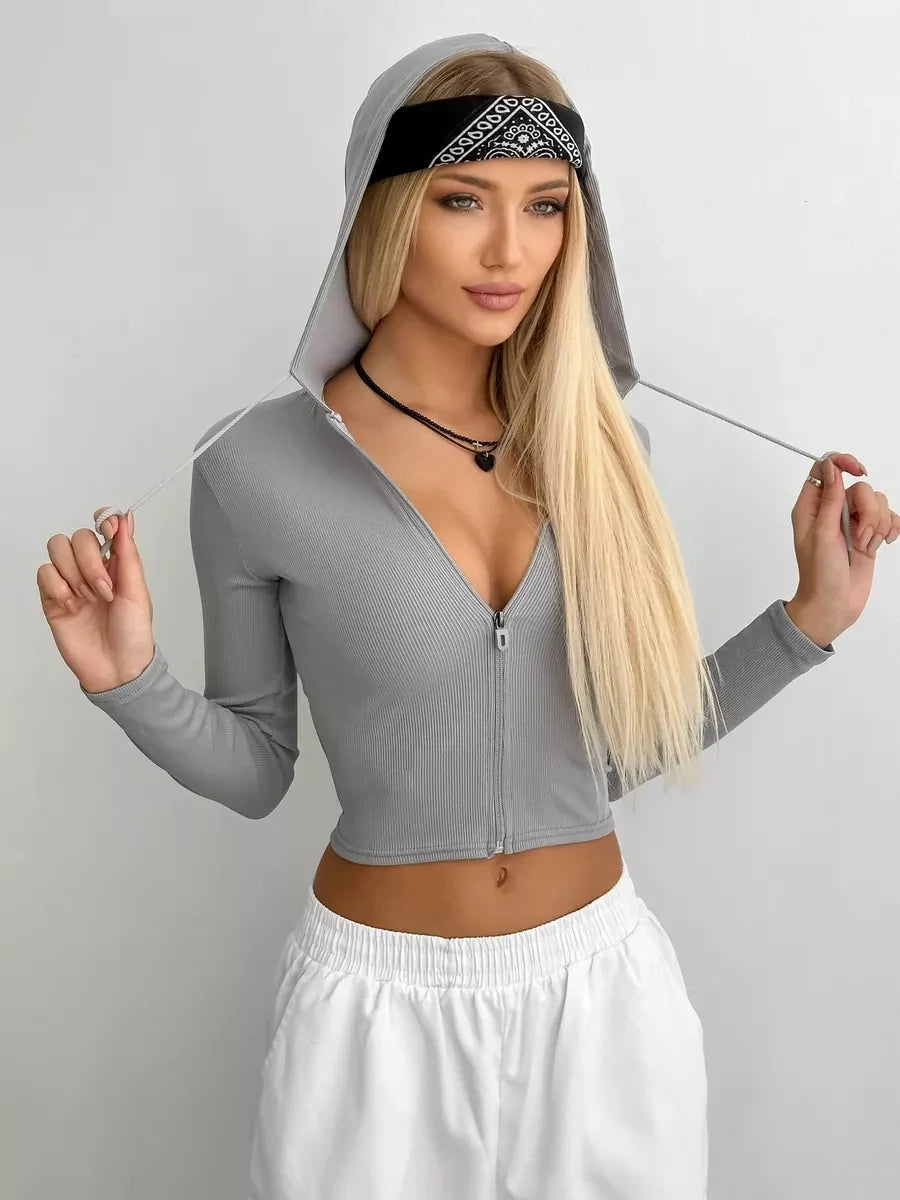 Women's Streetwear Hip Hop Short Hooded SweatShirt Long Sleeves Cropp Zipper Solid Top Sweatshirt Hoodies