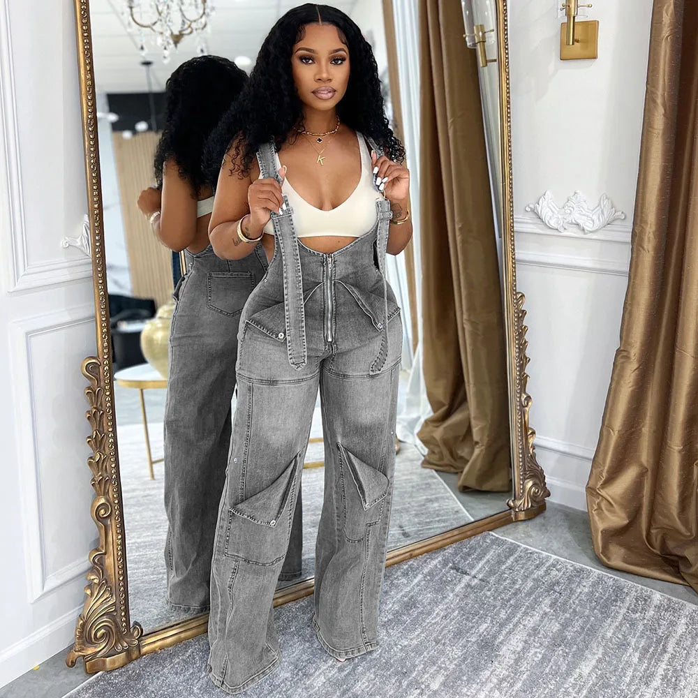 Sister Star Summer Fashion Women's Denim Backpack Pants Street Casual Zipper Washed Jumpsuit Pants Personality Street Jumpsuit