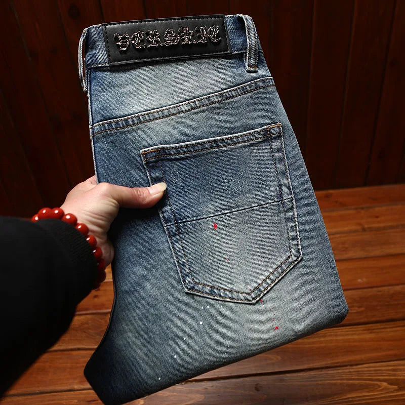 Light luxury fashion men's clothing summer thin jeans men's slim fit small feet elastic trend printed long pants