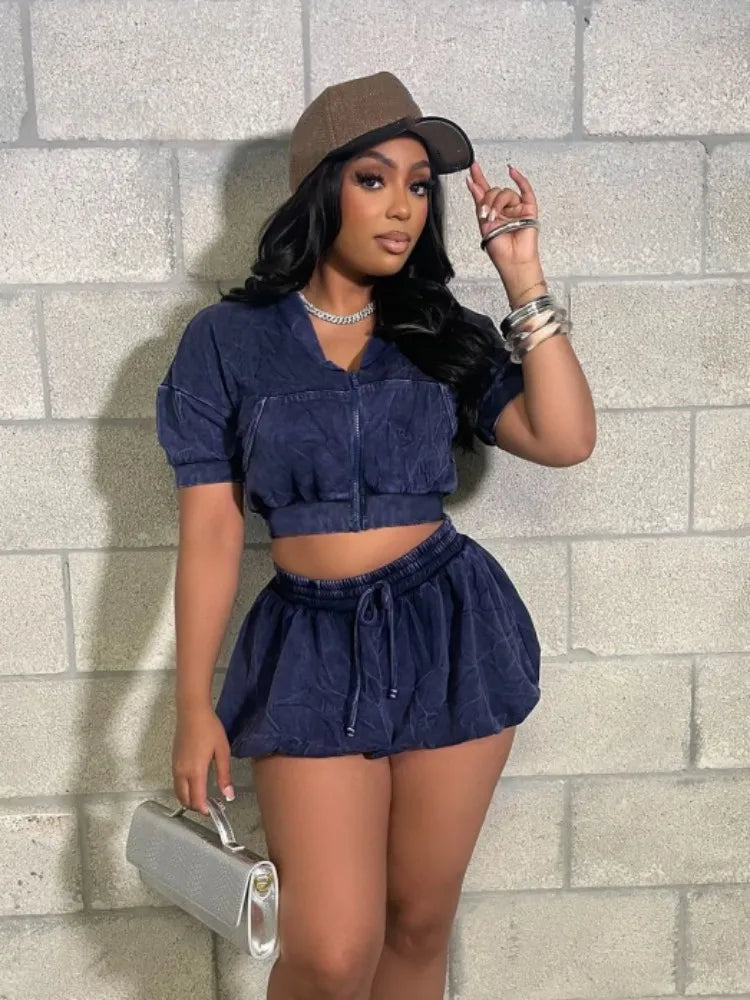 Joskaa Elegant 2 Piece Sets Women Hipster Sexy Short Sleeve Zip Crop Jackets and Lantern Skirt Matching 2025 Summer Streetwear