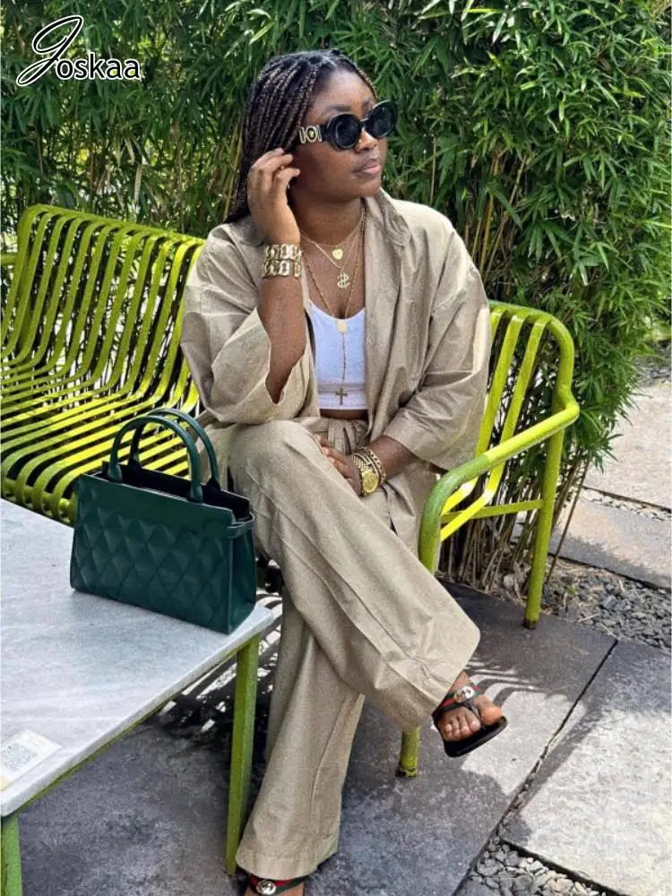 Joskaa Women's 2025 Khaki Two Piece Set Casual Lapel Short Sleeve Button-Down Shirt+Tie-Waist Pants Matching Streetwear S-XXL