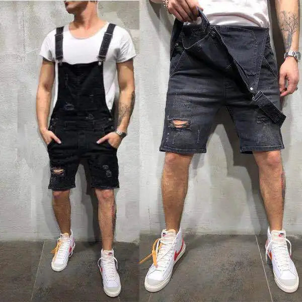 Men Ripped Jeans Jumpsuits Streetwear Distressed Stretch Denim Overalls for Man Jeans Suspender Knee Length Pants Male Rompers