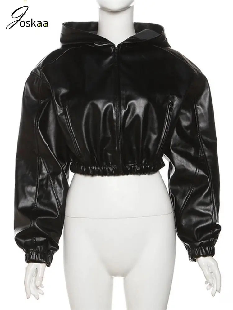 Joskaa Fashion Black Faux Leather Jackets Women Hipster Sexy Hooded Long Sleeve Zip-Up Crop Coats Autumn Outerwear Streetwear