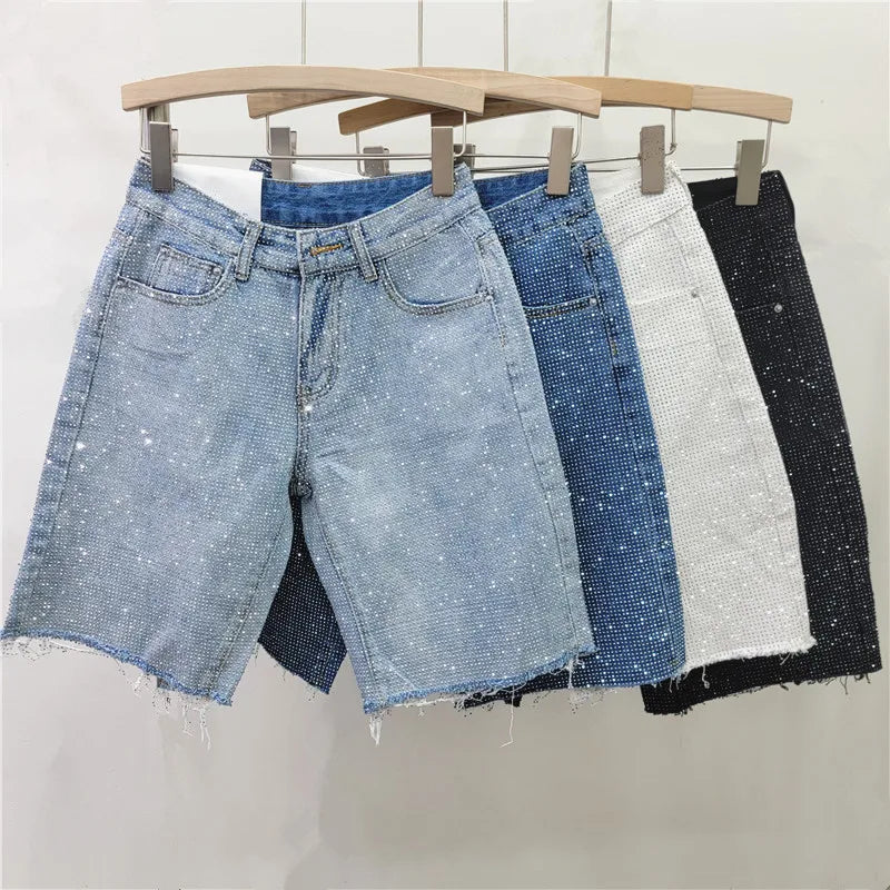 2025 New Fashion Summer Women's Denim Shorts Full Diamonds Burrs Edge High Waist Straight Knee Length Trousers