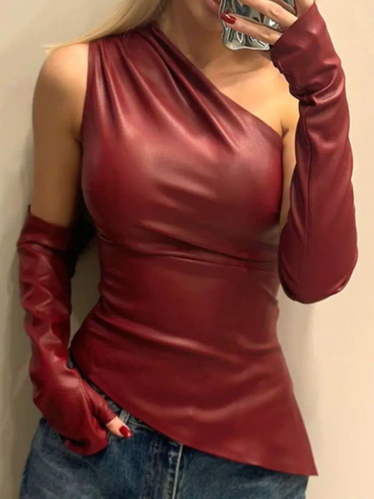 Joskaa Sexy Skew Collar Irregular Faux Leather Tank Top and Oversleeve Matching Women Clothes Autumn Fashion Midnight Club Tops