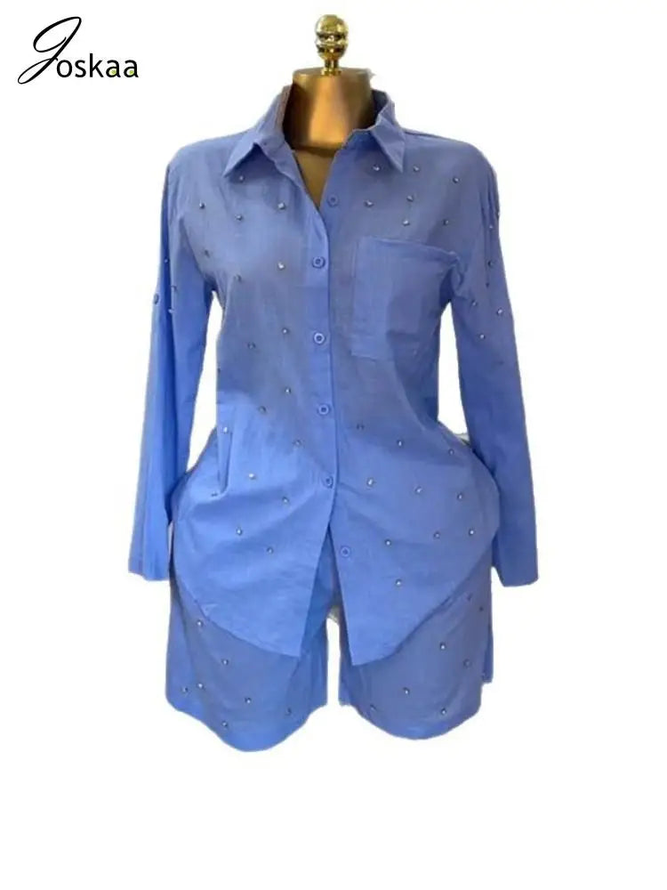 Joskaa 2025 summer Beading 2 piece Set women lapel Long Sleeve button Shirt Top+Shorts match Tracksuits holiday Streetwear S-XXL